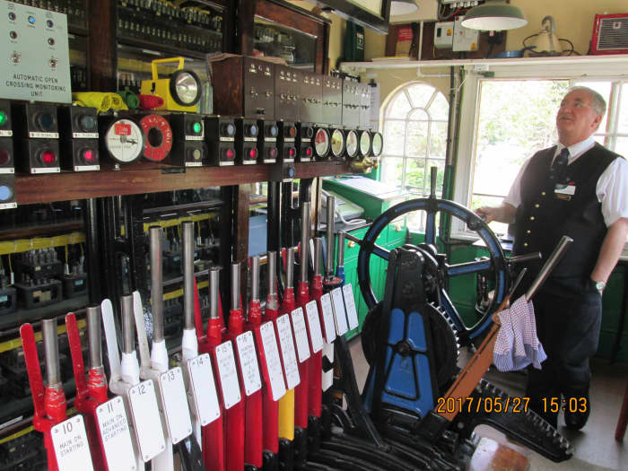 On the operating floor, manual signal levers and gate wheel vie for space with 21st Century signalling technology. The volunteer signalman explains the functions to the three of us allowed access at a time (North Eastern Railway Association members)