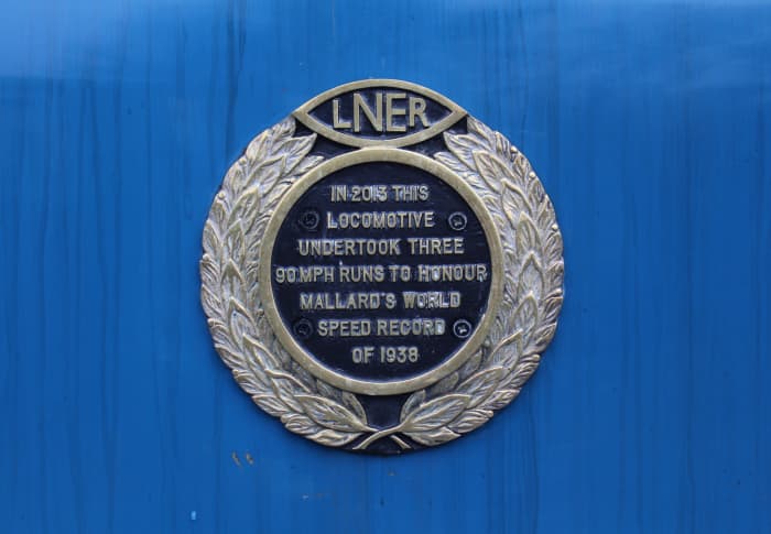 Mallard plaque attached to her boiler casing records the date and speed she achieved her record run in 1938, logged by Westinghouse technicians immediately behind the loco in...
