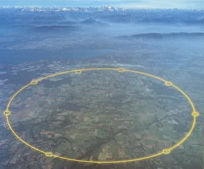The Large Hadron Collider (LHC) particle accelerator is inside a tunnel outlined in this photo. The tunnel is 17 miles long an 574 feet below ground.