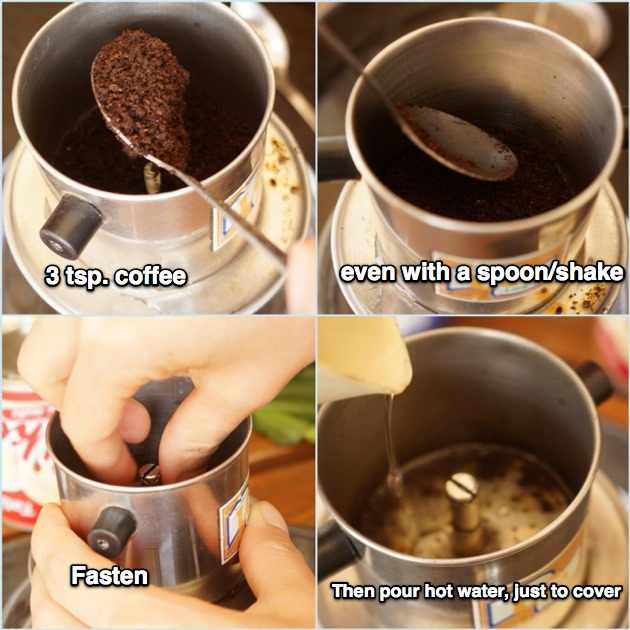 Place the cup to the bowl cover with hot water, add 3 tsp coffee into the filter, even the surface with a spoon or/and shake, then fasten, a bit loose, and pour hot water just to cover the coffee.