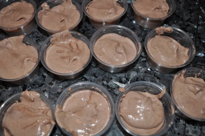 Put the pudding shots in little containers. Depending on how much you put in the container (and how much you sample) will determine how many shots you get. out of one batch.