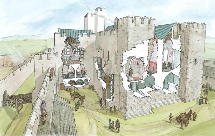 Reconstructed cutaway painting of Middleham Castle seen from the opposite corner shows the approach to the workshop outbuildings