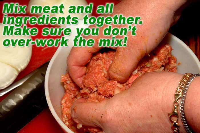 Add diced onions and blend mixture. Be careful NOT to overwork the meat or it can get tough and dry.
