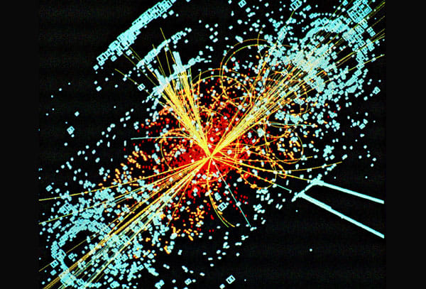 One possible signature of a Higgs boson from a simulated collision between two protons. It decays almost immediately into two jets of hadrons and two electrons, visible as lines.