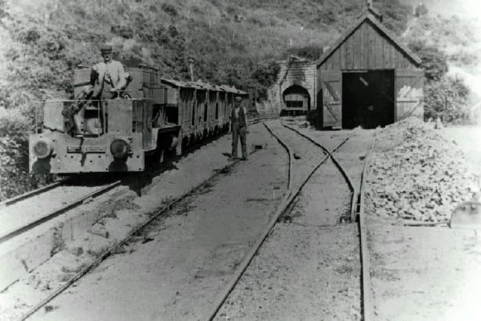 An electric locomotive draws wagons from the Grinkle Mine (ironstone) at Dale Head towards the loading derrick at Port Mulgrave