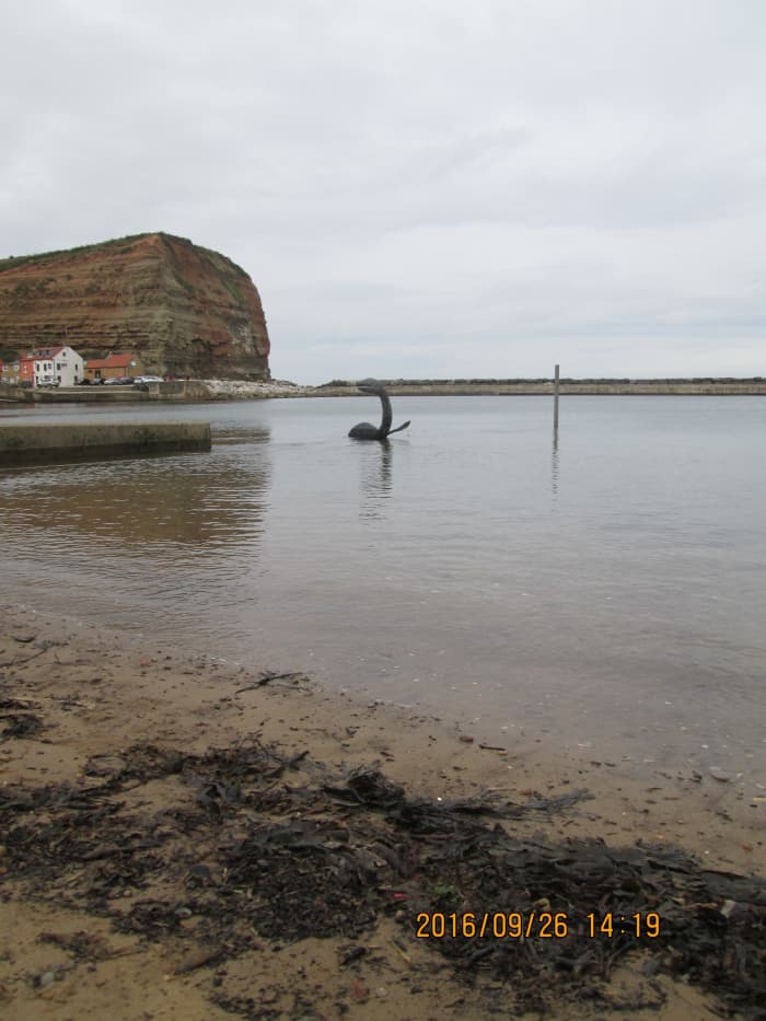 Look toward Cat Nab, there's 'Nessie' with a friendly wave of his flipper... Shows what you can do with a piece of washed-up timber and a bit of imagination. Lots of artists and craftfolk live here in 'Steeaz'