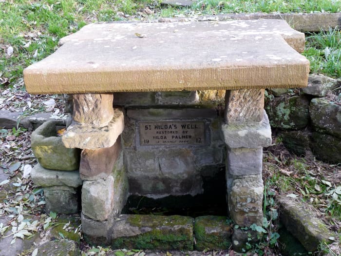 St Hilda's Well, 'Hildrewell' in the Domesday excerpt (top), considered to be where St Hilda miraculously tapped into a natural water source