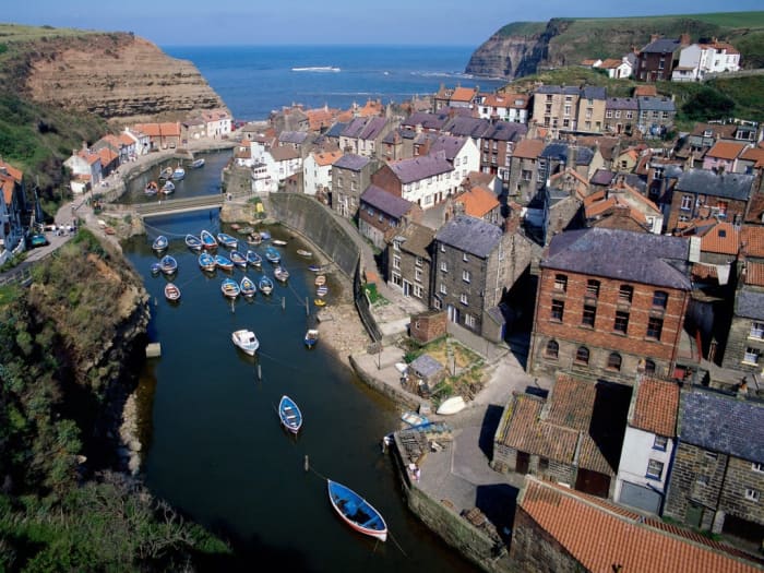 Overhead view of the small harbour of Staithes. This is where young James Cook developed a taste for seafaring, talking to 'old salts'