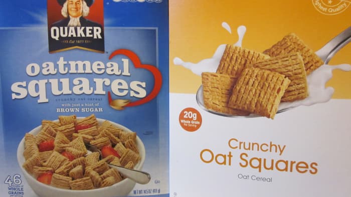 Quaker Oatmeal Squares retails at $4.50 compared to a lesser quality Shoppers Food Warehouse store brand at $2.50.