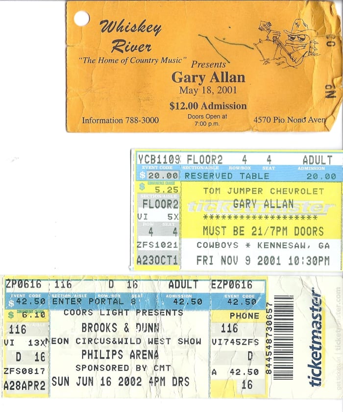 Ticket stubs of concerts I attended to see Gary Allan perform. These are nothing in comparison to the album full of hundreds of ticket stubs of previous concerts we had attended over the years.