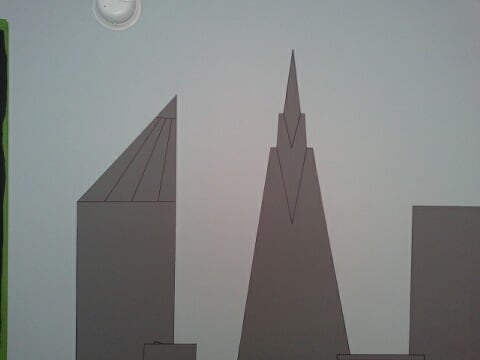 This shows a close-up of a part of the Gotham City skyline with the detail lines drawn in with a black Sharpie marker.
