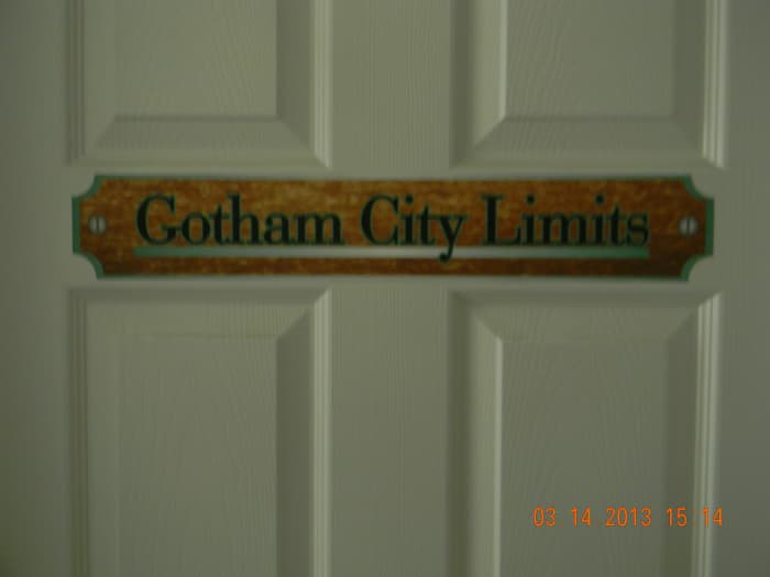 Here is the Gotham City Limits sign on the outside of the bedroom door. It was printed on indoor polypropylene and attached using DIF wallcovering adhesive.