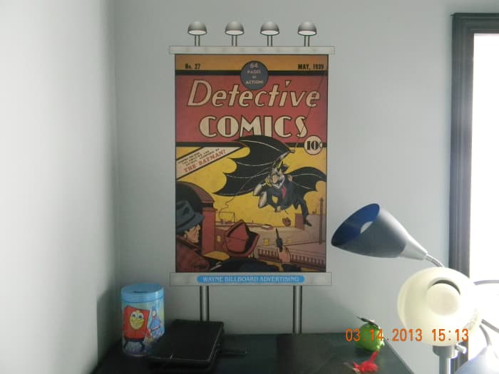 This picture is a, oversized copy of Detective Comics issue 27, May 1939, the 1st appearance of Batman. The "lights", frame and posts were all design on the computer, printed on indoor polypropylene and attached using DIF wallcovering adhesive.