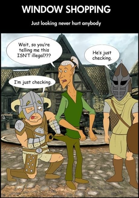 The justice system in Skyrim. Look through someone's pockets: perfectly legal. Kill chicken: The whole town strikes