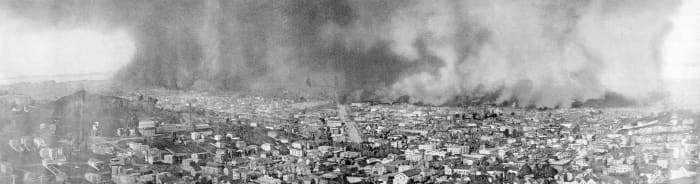 The burning of San Francisco. Reproduced from the only photograph that shows the entire scope and extent of this awful conflagration the worst in the history of the world.