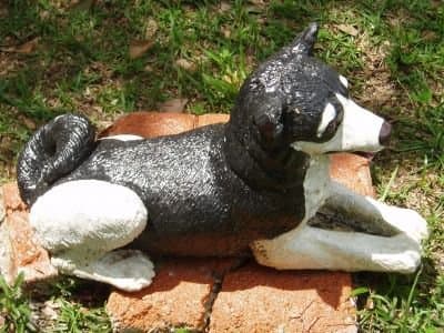 I painted this dog with craft paint and used concrete sealer. He looks like my dog, sometimes I think it Scooter