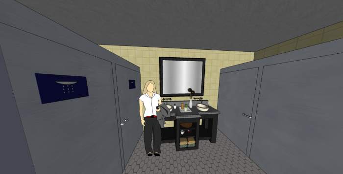 The bathroom is designed as a shared space, but they are plentiful enough for waiting to not be a problem.