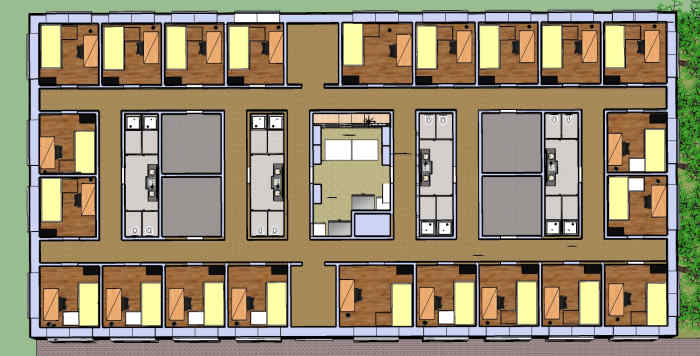 A colored-in floor plan of the SRO hotel. The design is meant to offer equitable access to the kitchen, restroom facilities, and public rooms. The unique design offers an efficient use of space as well as maximum privacy.