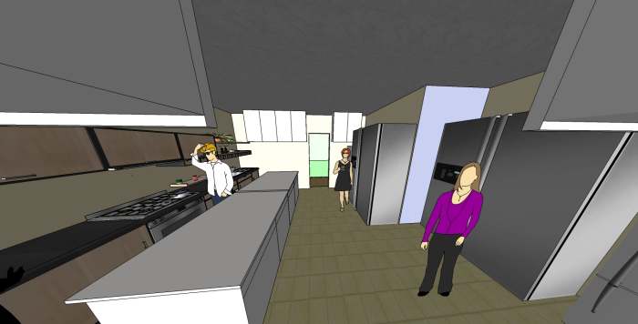 The kitchen is large and filled with enough space for multiple tenants to cook and store food comfortably.