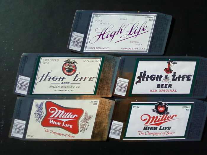 Miller High Life label years from top to bottom and left to right were 1903, 1918,1952, 1971, and 1985.