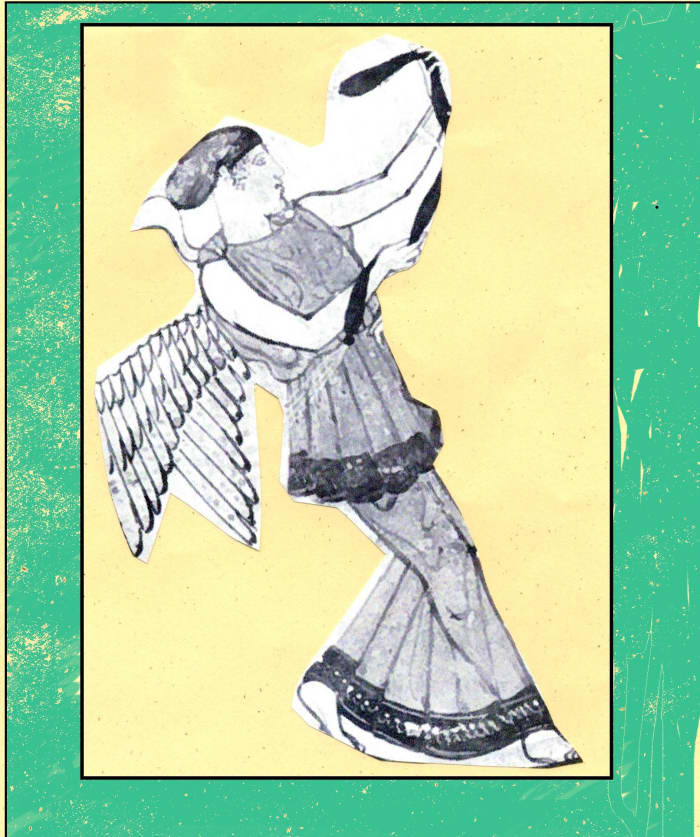 Digital design by Christine Patrice Gebera based on a Greek pottery design of a Goddess giving a ribbon to a warrior.