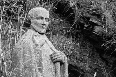 St Gildas statue - Gildas saw the incoming Angles and Saxons with extreme distaste, to the extent of 'falsifying' history with his jaundiced views of the inevitable