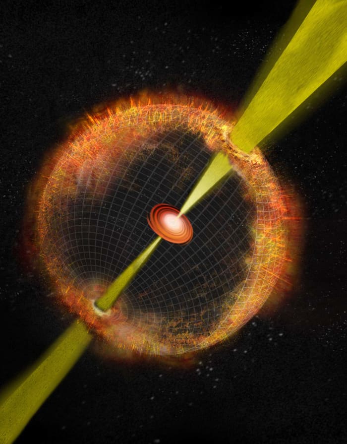This artist’s conception shows an “engine-driven” supernova explosion with accretion disk and high-velocity jets. For the first time, astronomers have found a supernova explosion with properties similar to a gamma-ray burst, but without seeing any ga
