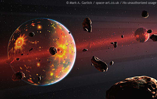 This one is similar to Chaos and Order. Both show the formation of the Moon. The young Earth (left) is still surrounded by a ring of debris from which the Moon (right) has recently formed. The debris is the result of the Earth having been hit by a la