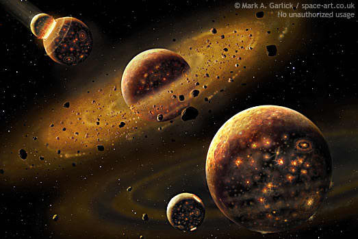 They assert that a massive protoplanet slammed into Earth just after it had formed, creating a ring of debris around the young planet. The Moon then formed later as the material in this disc clumped together. This picture shows the process in three s