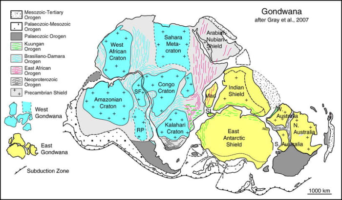 The Gondwanaland Supercontinent. The cratons comprising West Gondwana shaded in light blue and those comprising East Gondwana are shaded in Yellow. Neoproterozoic orogenic belts crisscross the Supecontinent. Then are those In East African orogen