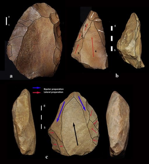 Cores from MES11 surface: a) preferential Levallois, b) convergent/point Levallois, c) Nubian Type 1.