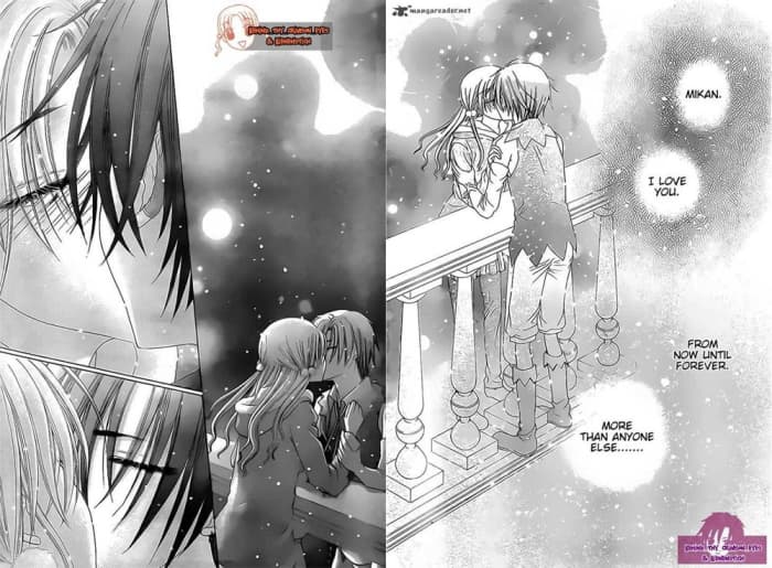 Chapter 114. Mikan and Natsume kiss in the balcony on Christmas night, sealing their vows with the moon as their witness.