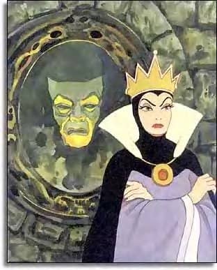 "Magic mirror in my hand, who is the fairest in the land?" The mirror replies: "My queen, you are the fairest here so true. But Snow White beyond the mountains at the seven dwarfs is a thousand times more beautiful than you."