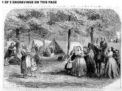 Sketch - refugee families set up a camp. Note the tents in the background, which indicate possible army or relief agency assistance