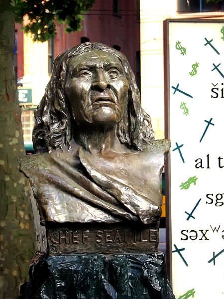 Bust of Chief Seattle , created by artist James Wehn in 1909. Located in Pioneer Square Park, Pioneer Square, Seattle, Washington, USA
