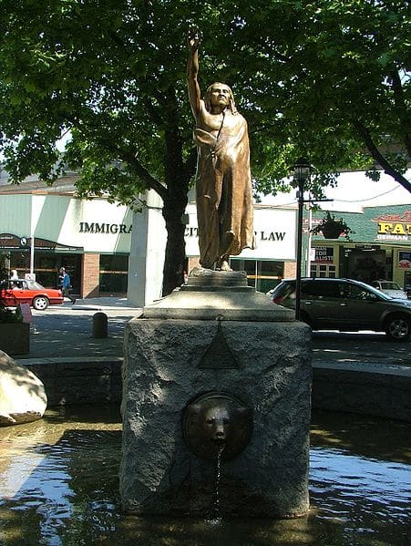 Statue of Chief Seattle, erected 1908, , Tilikum Place, Seattle, Washington. The statue is on the National Register of Historic Places.