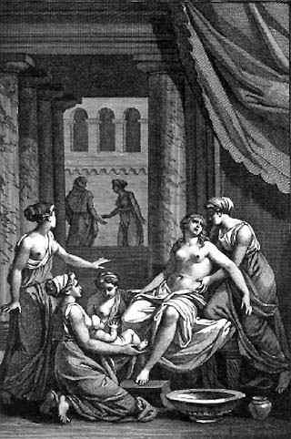 The Birth of Heracles as depicted by Jean Jacques Francois Le Barbier (1738-1826). Ilythia, Goddess of Childbirth stands on the left, unseen, monitoring the timing of the birth according to Hera's orders.