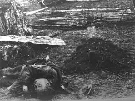 Contrast - a grave of a Union soldier, and the yet unburied body of an enemy soldier beside it. Note the board that served as the headstone