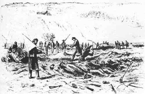 Sketch - Union troops dig a burial trench for their slain comrades under a flag of truce, with enemy artillery at watch on the hill. Note the scavenged condition of the corpses