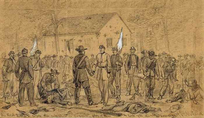 Sketch - a truce is declared at Antietam. Note the white flags that were used whenever one side wished to halt the combat and parley