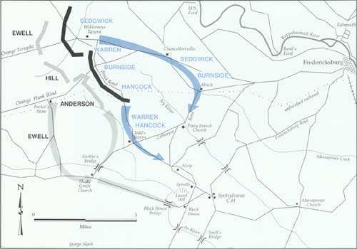 Map of a strategic movement after the stalemate of the Battle of the Wilderness; Union forces disengaged, abandoned the Wilderness battlefield, and attempted to reach a position to the southeast to threaten the enemy flank