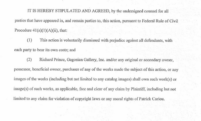 Richard Prince's side of the settlement agreement. Notice how detailed it is compared to Cariou's. Looks like he has a lot more to be worried about and put it all in writing.