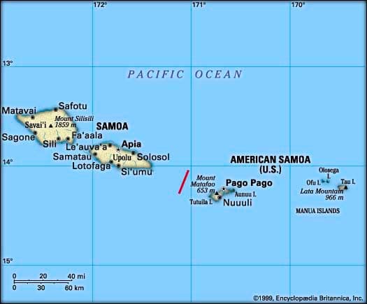 Map showing the location of American Samoa and the independent islands of Western Samoa (officially known as 'Samoa') in the Pacific Ocean