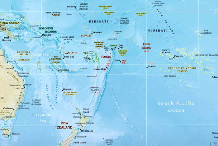 Map of Oceania showing the location of Lord Howe Island off Australia's east coast - Lord Howe island follows UTC + 10:30 as standard time and UTC + 11:00 during Daylight Savings