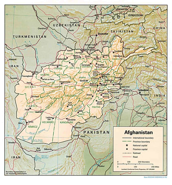 A detailed map of Afghanistan which follows the UTC + 4:30 time zone.