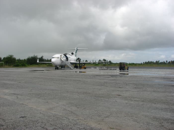 An Asia Pacific Airlines Boeing 727-200Freighter parked at Cassidy International Airport at Kiritimati (Rough co-ordinates are 1 Degree North and 157 Degrees West)