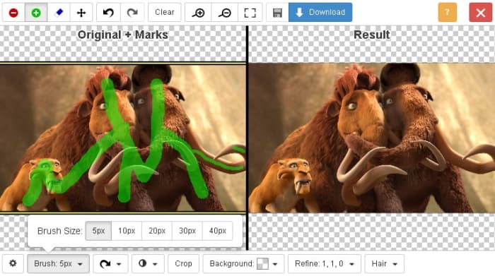 Use the green marking on main center stage characters to keep the images while removing background using clipping magic