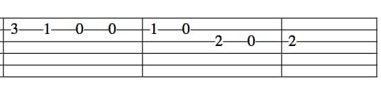 How to read tablature. The sixth string (low E) is on the bottom. The numbers are the frets. For example, the 3 on the second line from the top means to place your finger on the second string on the third fret. 0 means open string