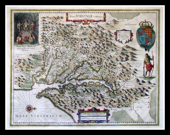 Map of the Viriginia Colony. Created by John Smith in 1612, with color added by Henricus Hondias in 1639