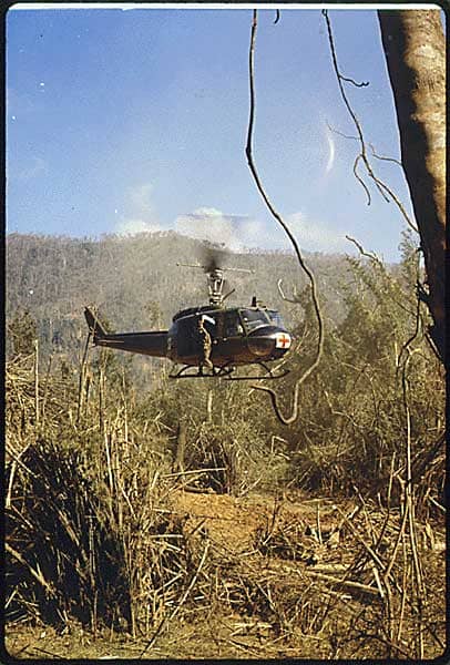 South Vietnam. A UH-1D Medevac helicopter takes off to pick up an injured member of the 101st Airborn Division, near the demilitarized zone. 10/16/1969.